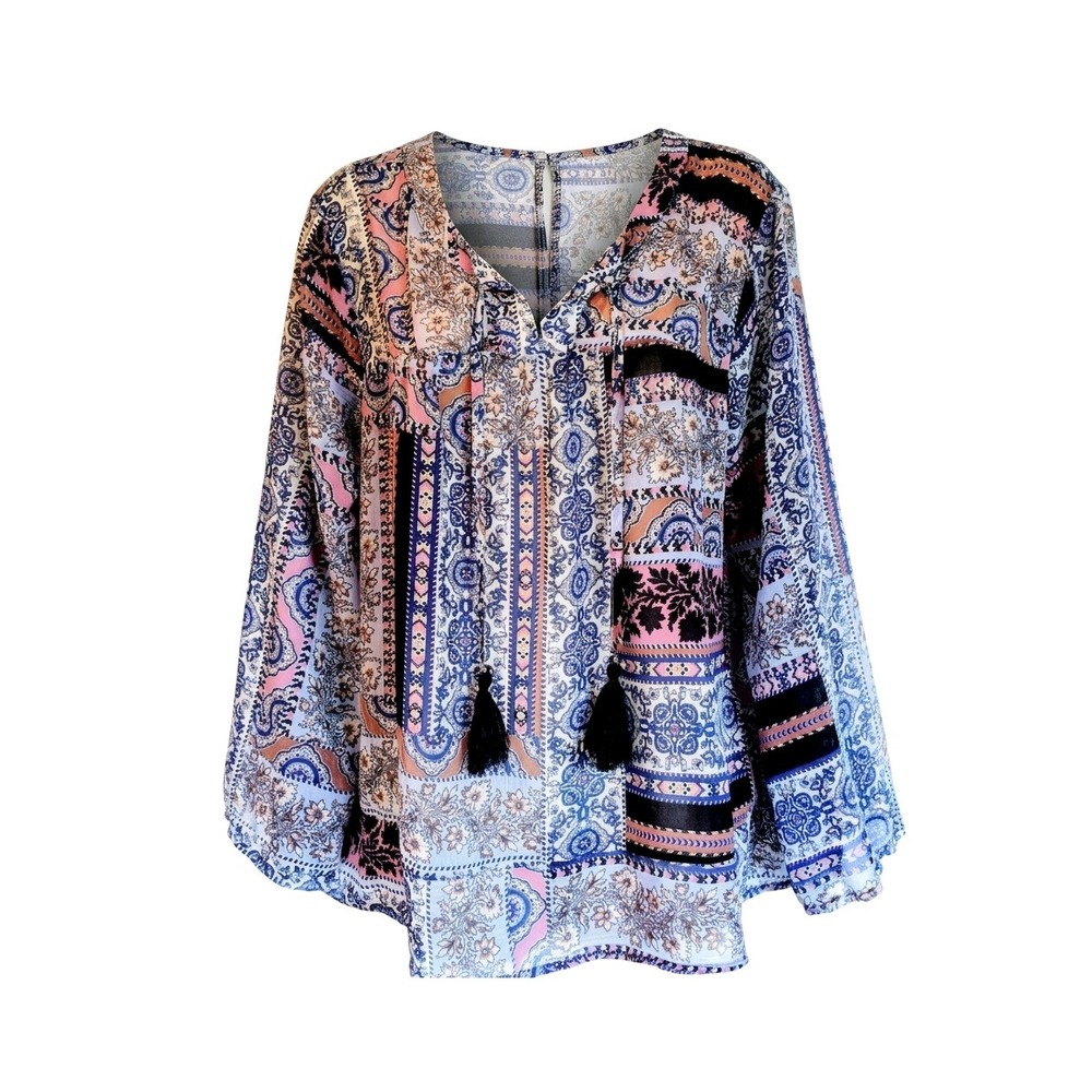 Style & Co Womens Patchwork Paisley Tassel Tie Peasant Blouse Blue Pink‎ PXL